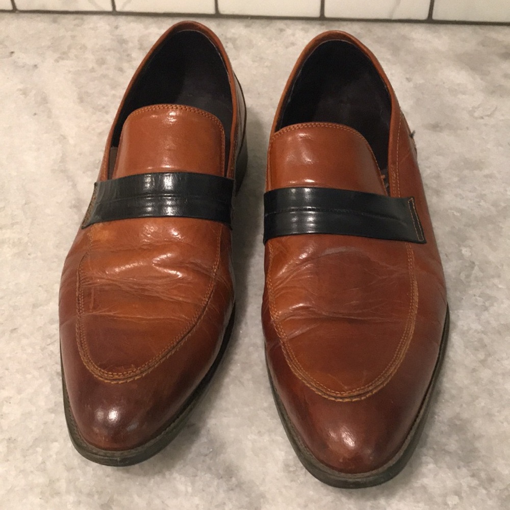 Carrucci Penny Loafers Mens Size 10.5 Brown Black Leather Two Tone Shoe Ks479601